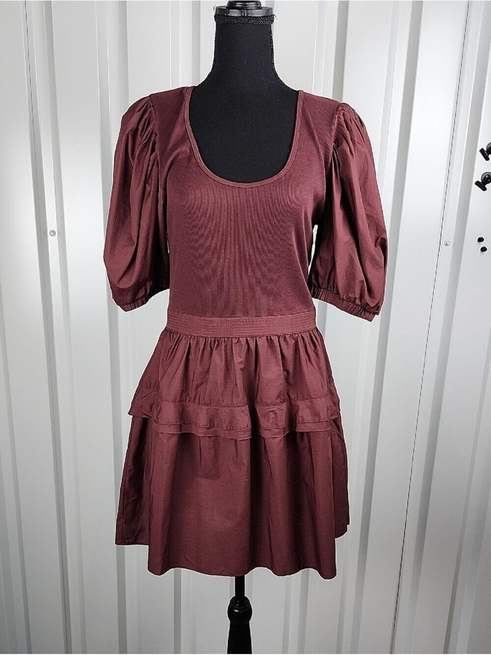 Ulla Johnson Tilda Puff Sleeve Mixed Media Tiered Mini Dress Burgundy Size Med